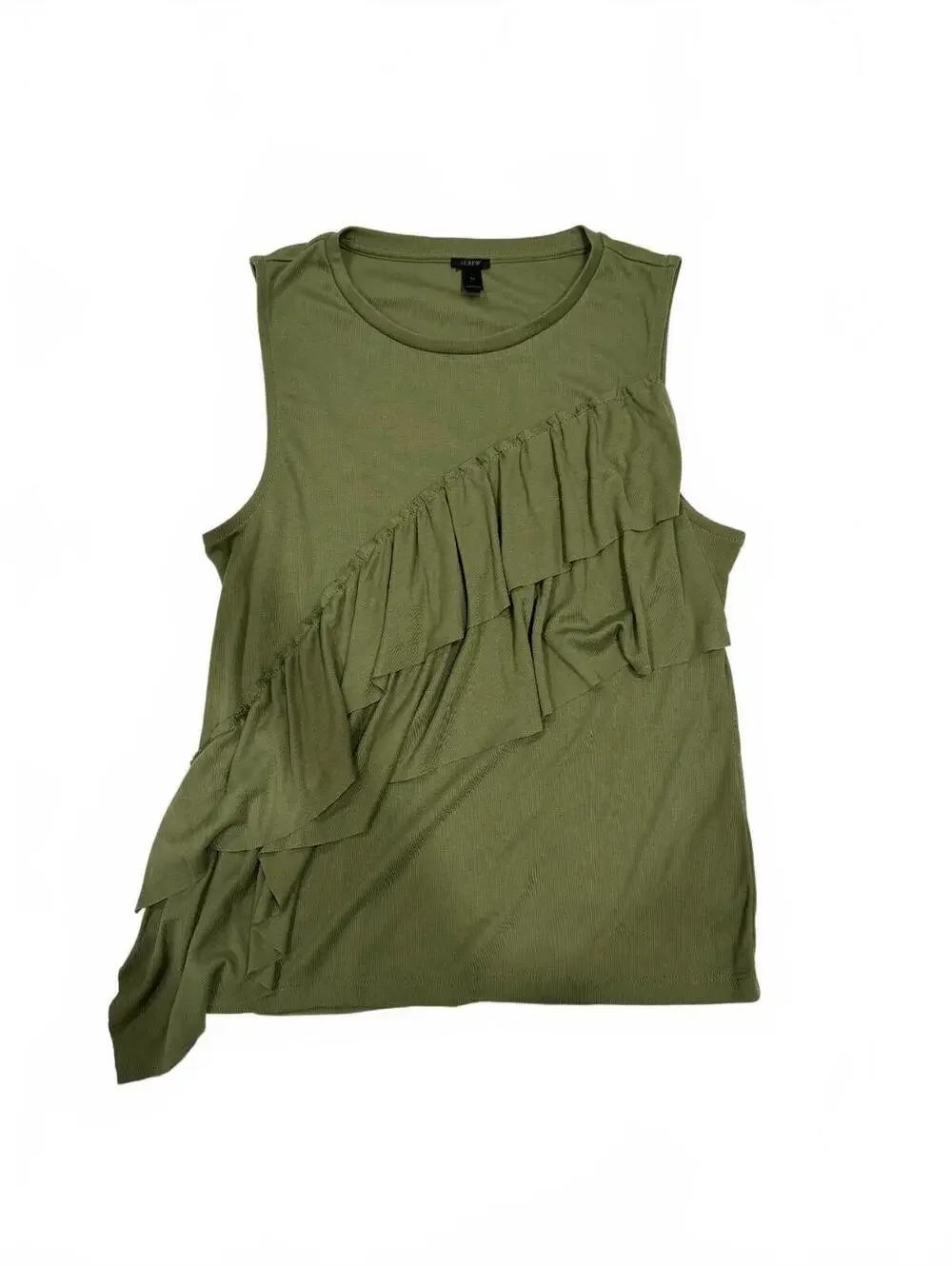 J.Crew Olive Green Ruffle Asymmetric Tank Top Size Medium Sleeveless Ribbed